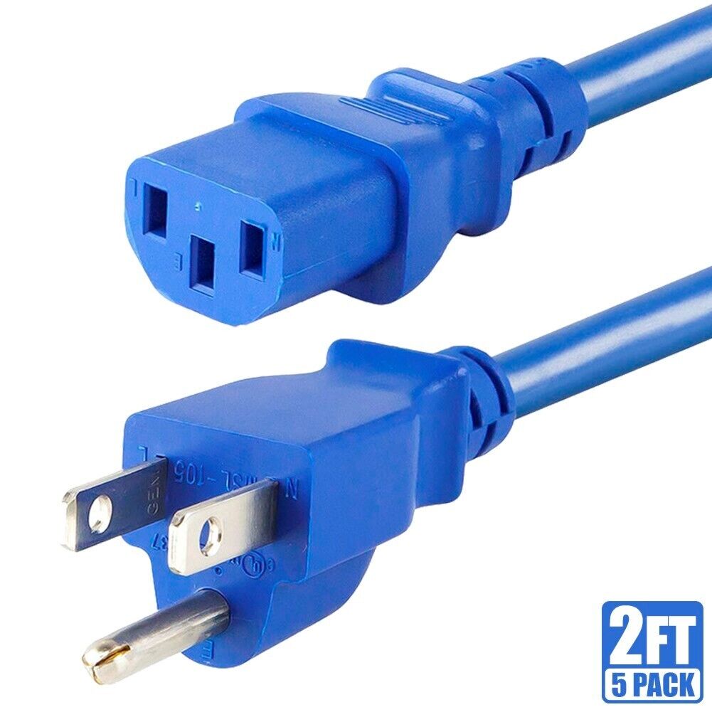 5 Pcs 2FT Power Cord Cable NEMA 5-15P to IEC 60320 C13 18AWG 3-Prong 10A Blue