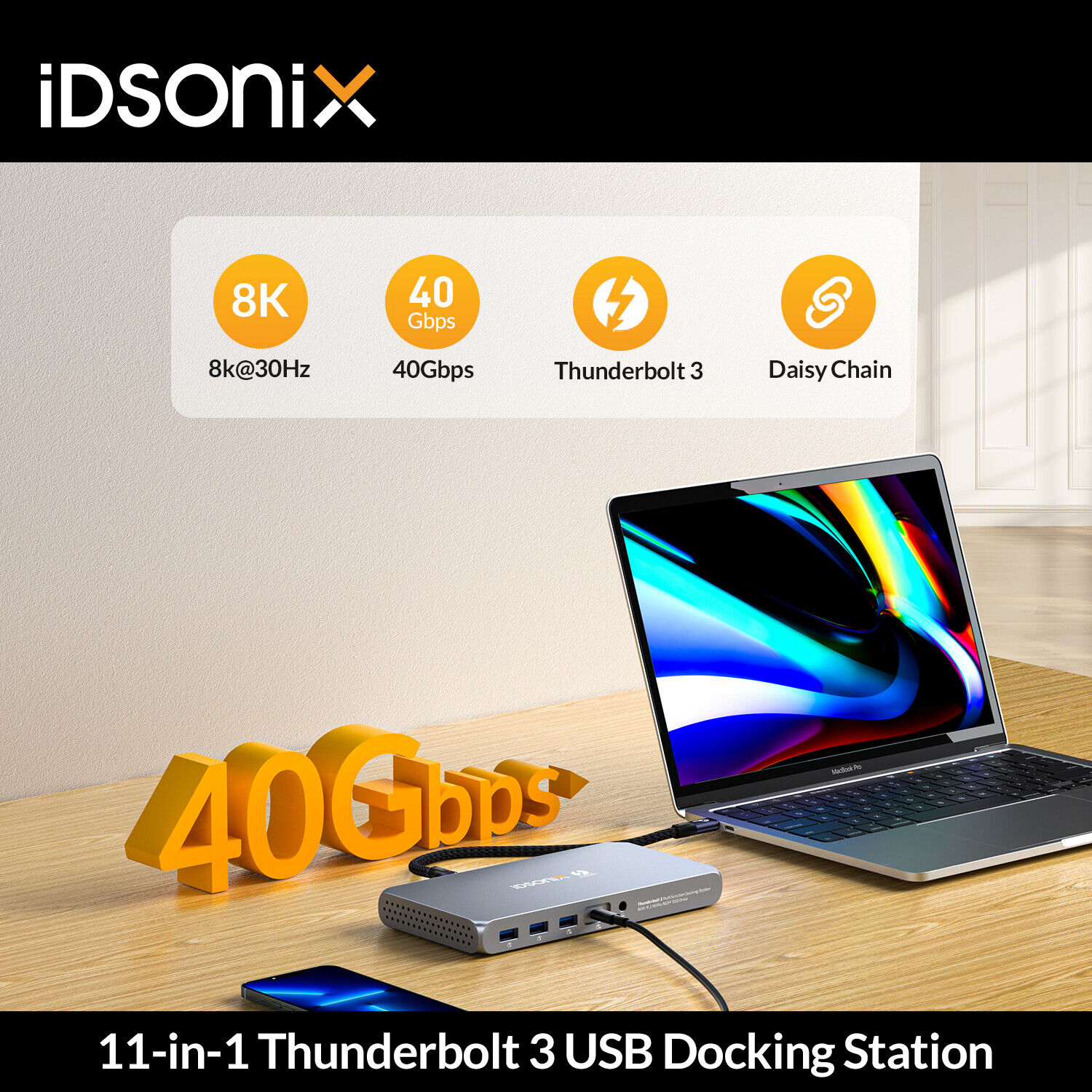 iDSONIX Thunderbolt 3 Docking Station | NVMe&SATA M.2 Slots | US Power Adapter
