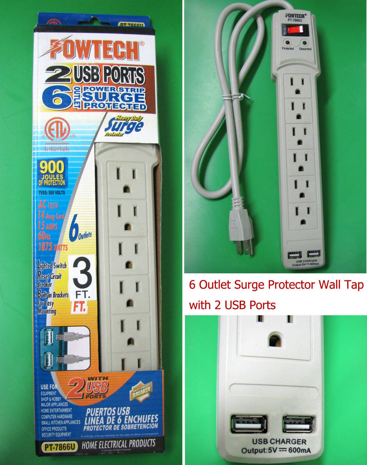6 Outlet Power Strip Surge Protected 2 USB Charger Port, 900 Joules, 3 Feet Cord