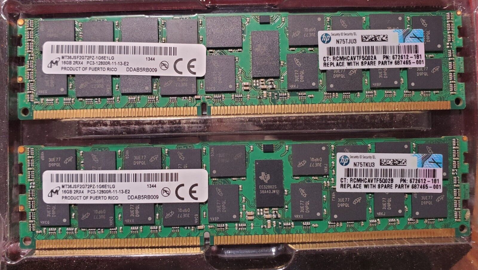 HP Micron 32GB 2Rx4 PC3-12800R MT36JSF2G72PZ-1G6E1LG Server Memory 2X16GB DIMM