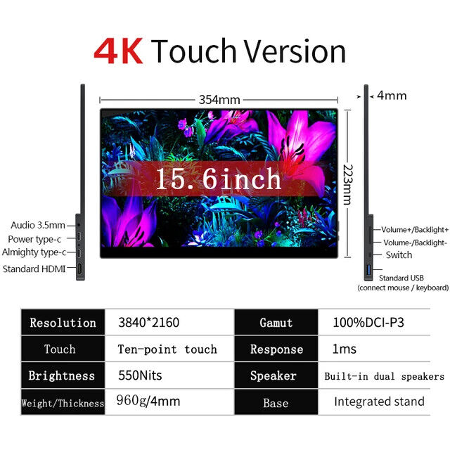 New 15.6 Inch OLED 4K UHD Touchscreen Portable Monitor With Type-C HDMI