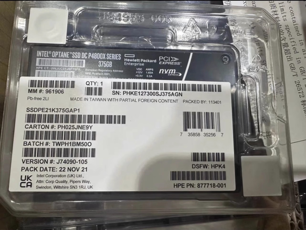 Intel Optane P4800x 375GB SSD HP U.2 NVME PCIE SSDPE21K375GAP1