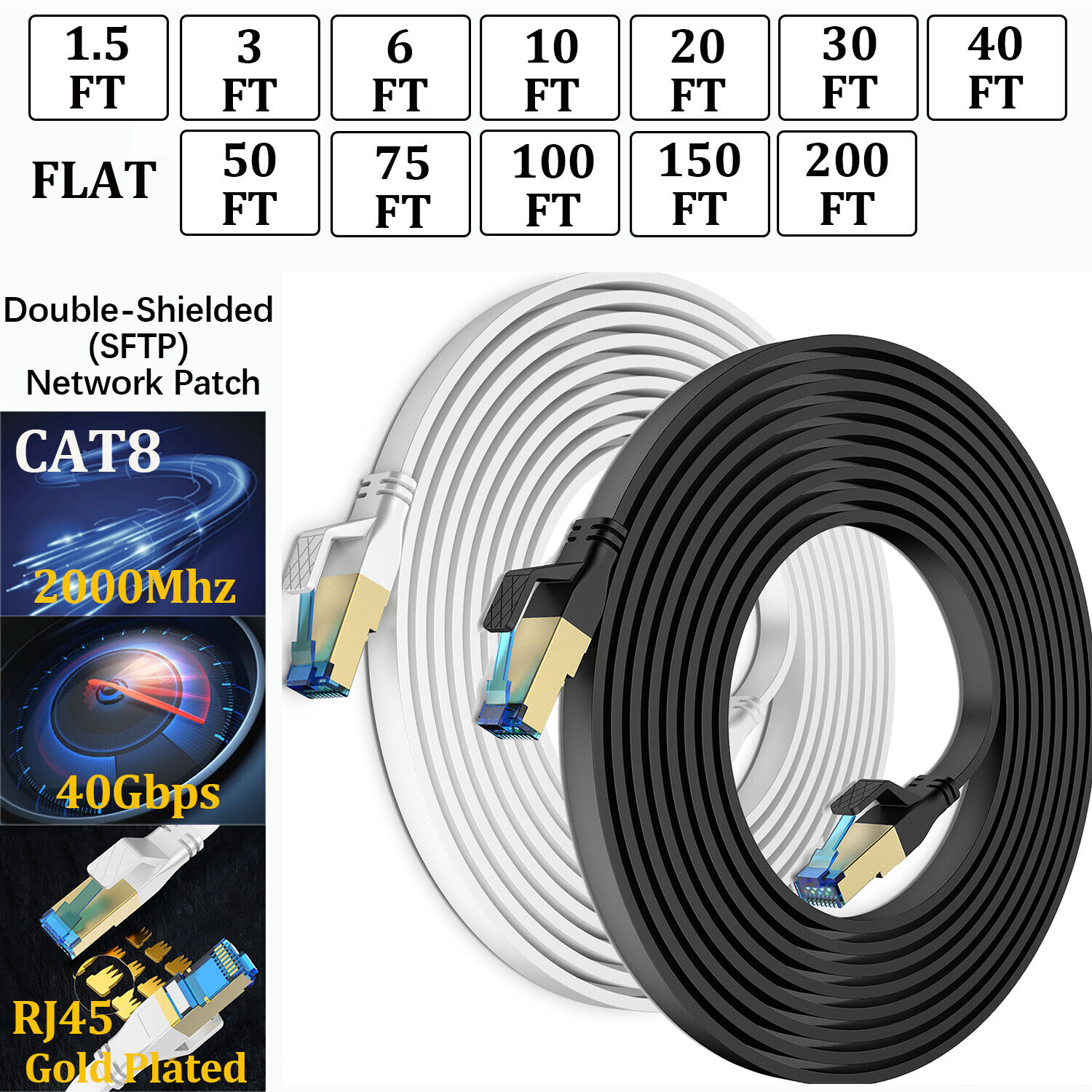 1.5FT-200FT Heavy Duty  Flat Cat 8 Ethernet Cable Super Speed 40Gbps/2000Mhz Lot