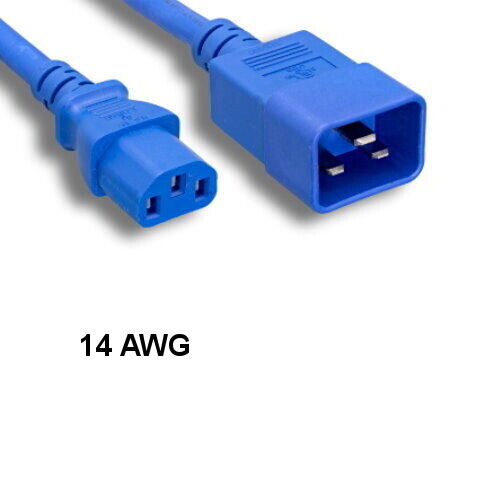 Kentek Blue 3' ft 14 AWG Color Power Cord IEC60320 C13 to IEC60320 C20 15A/250V