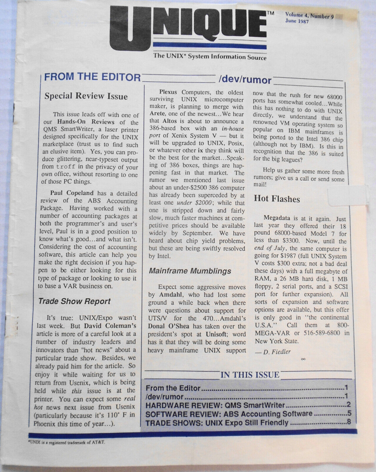 UNIQUE: The UNIX System Information Source,  Vol. 4, No.  9,  June 1987