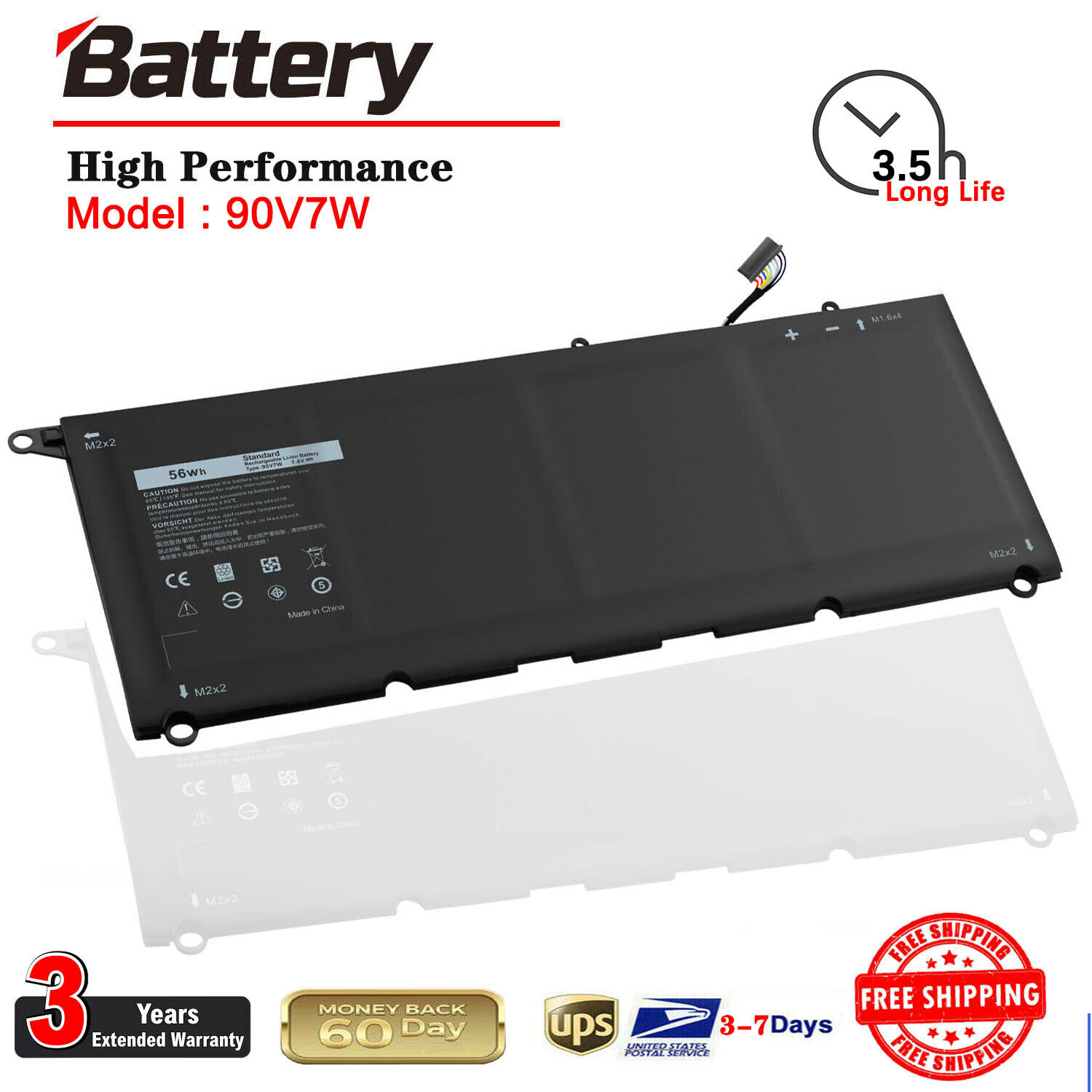 90V7W Battery for XPS 13 9343 9350 P54G P54G001 P54G002 JD25G JHXPY 7.6V 56Wh