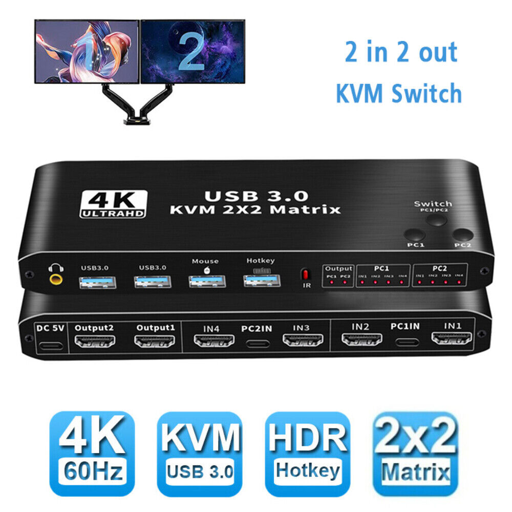 2X2 USB 3.0 HDMI KVM Switch 4K 60Hz Dual Monitor Extended Display KVM Switcher