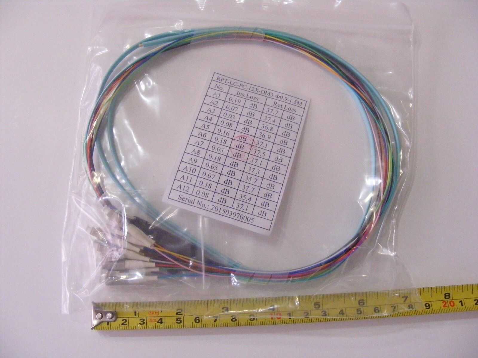 1M Fiber Optic Pigtail, 50/125, 10 Gig, OM3 aqua, LC cable, Multimode ribbon 12