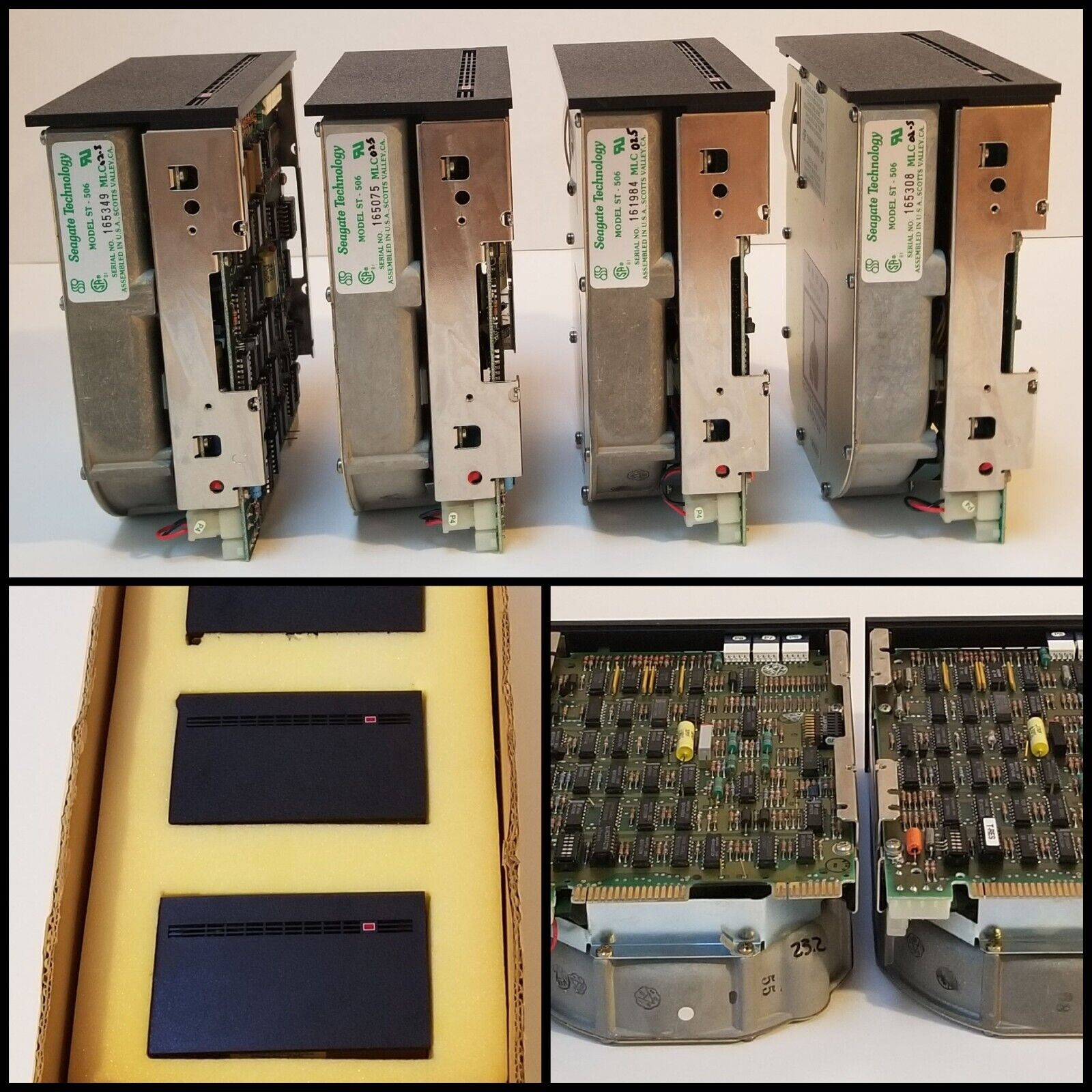 Four 1982 Seagate Model ST-506 5mb Hard Drives Black Plastic IBM Front Plate NOS