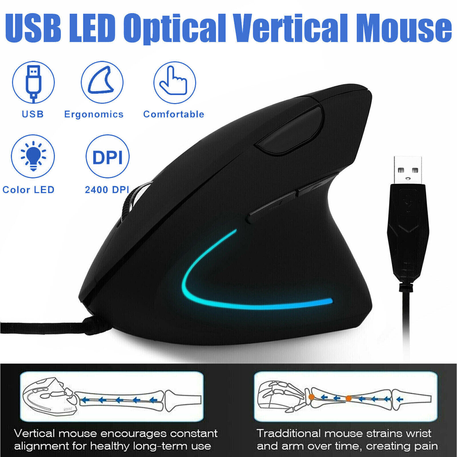 Ergonomic Optical Vertical Mouse Mice USB Wired LED Mice 2400 DPI For Laptop PC