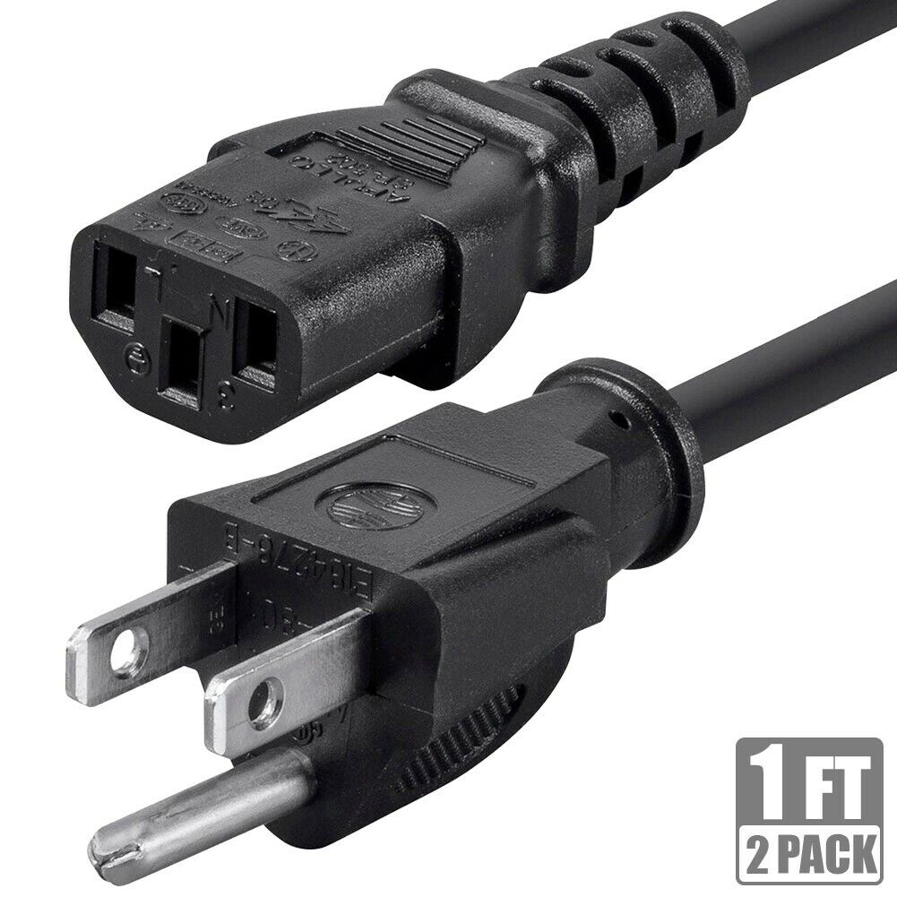 2x 1FT Power Cable Cord NEMA 5-15P Male to IEC 320 C13 Female 3-Prong 14 Gauge