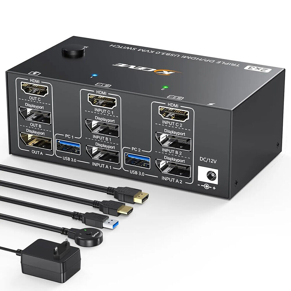 8K 4K Triple Monitor DisplayPort 1.4 DP KVM Switch 2 Ports HDMI USB 3.0 Switcher