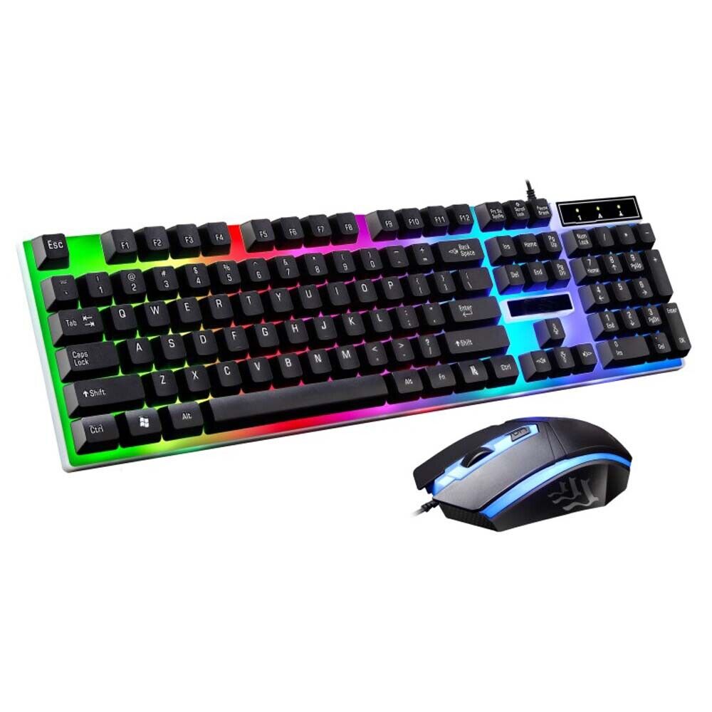 Rainbow RGB Full Size Backlit US Keyboard Mouse Combo Set Wired Gaming Office