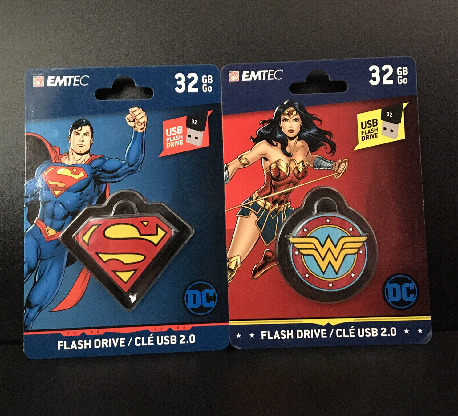 EMTEC 32GB FLASH DRIVE (lot of 2) SUPERMAN & WONDER WOMAN DC COMICS BRAND NEW