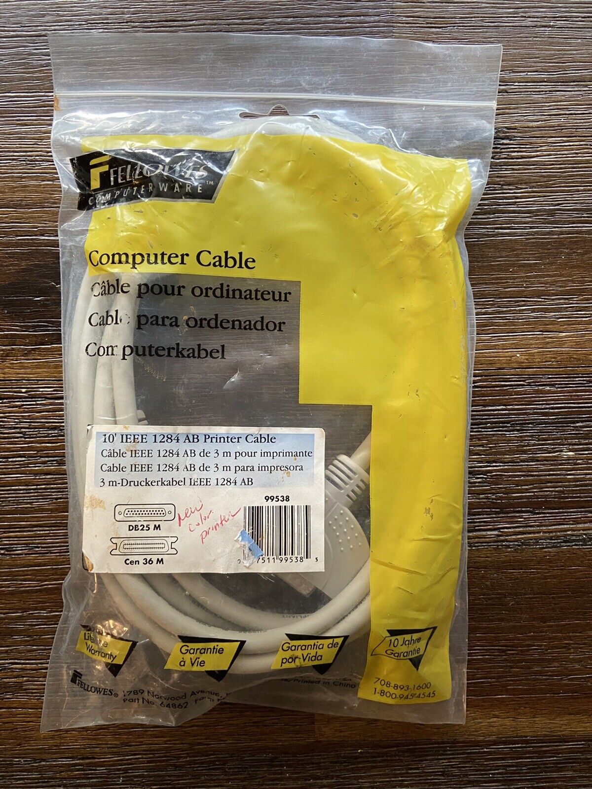 Fellowes Printer Computer Cable IEEE 1284 AB 10' Foot DB25M to Cen 36M NEW