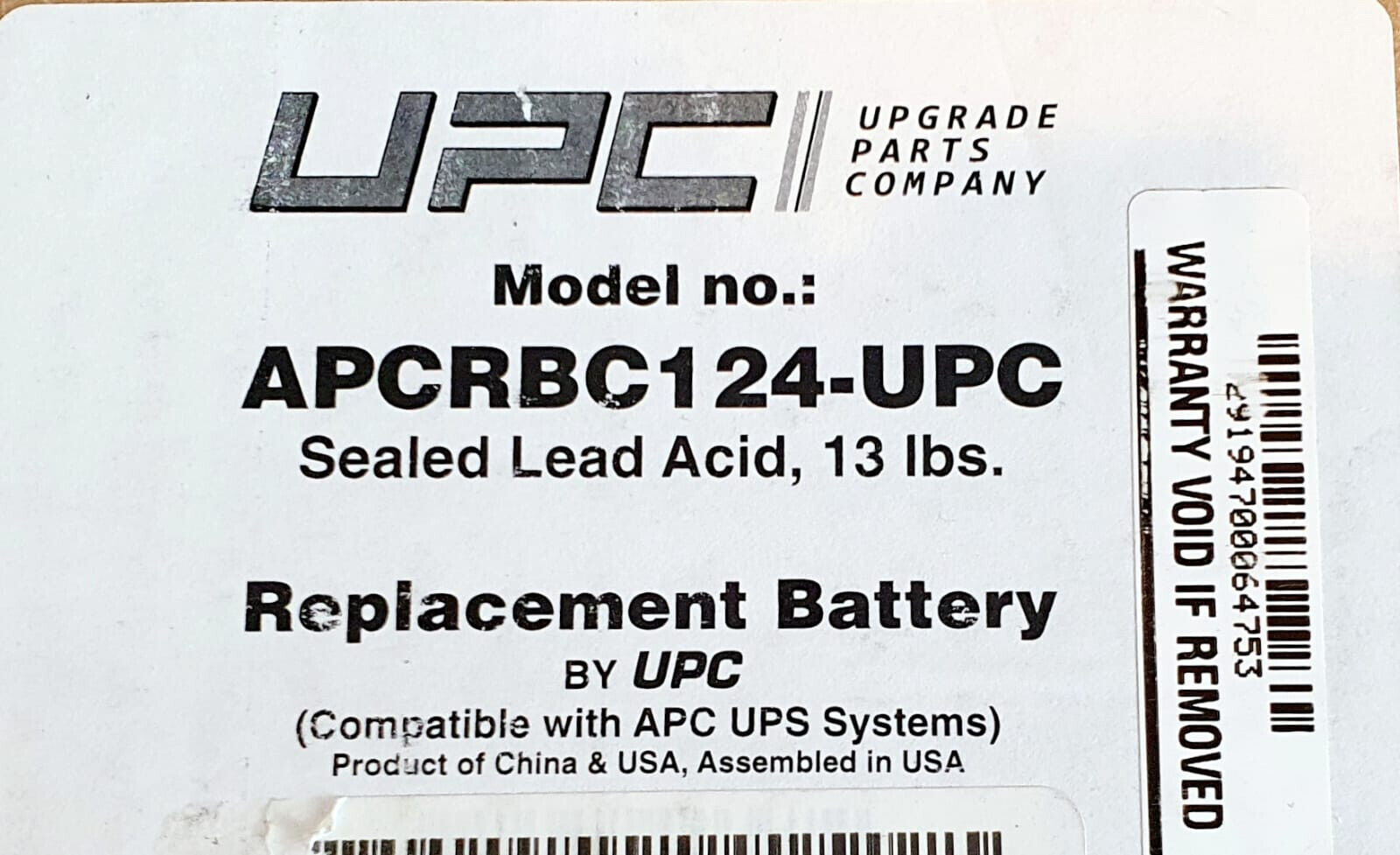 UPC APCRBC124-UPC Battery - APC SMC1000I-2U SMC1000-2U BR1500GI BR1500G-FR - NEW