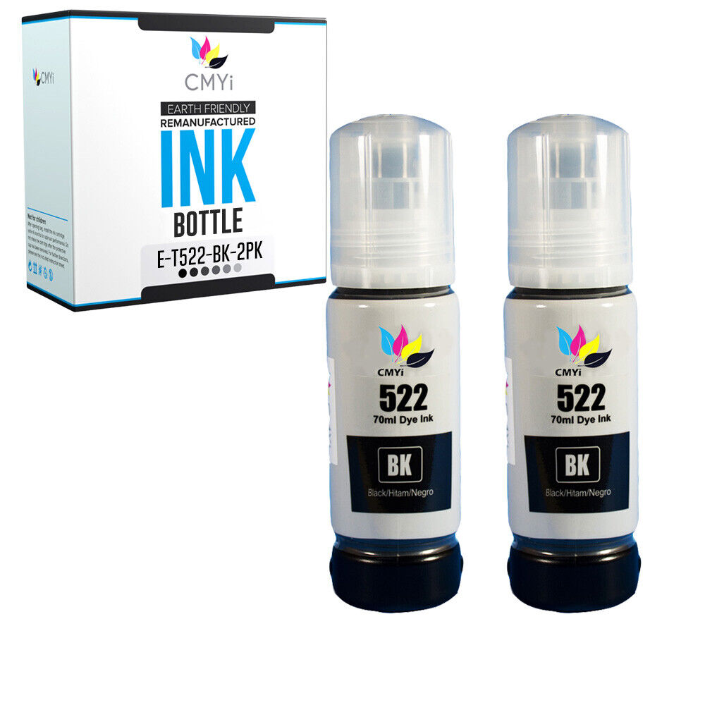 2PK Black T522 Ink Bottle Refill Compatible for Epson 522 Fits EcoTank ET-2720