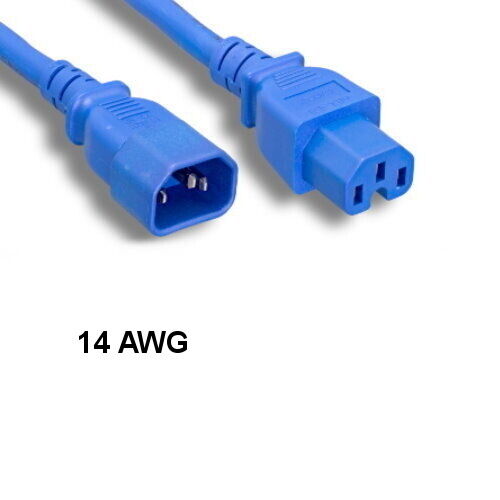 KNTK Blue 3ft AC Power Cord IEC-60320 C14 to C15 14 AWG 15A 250V SJT Cable
