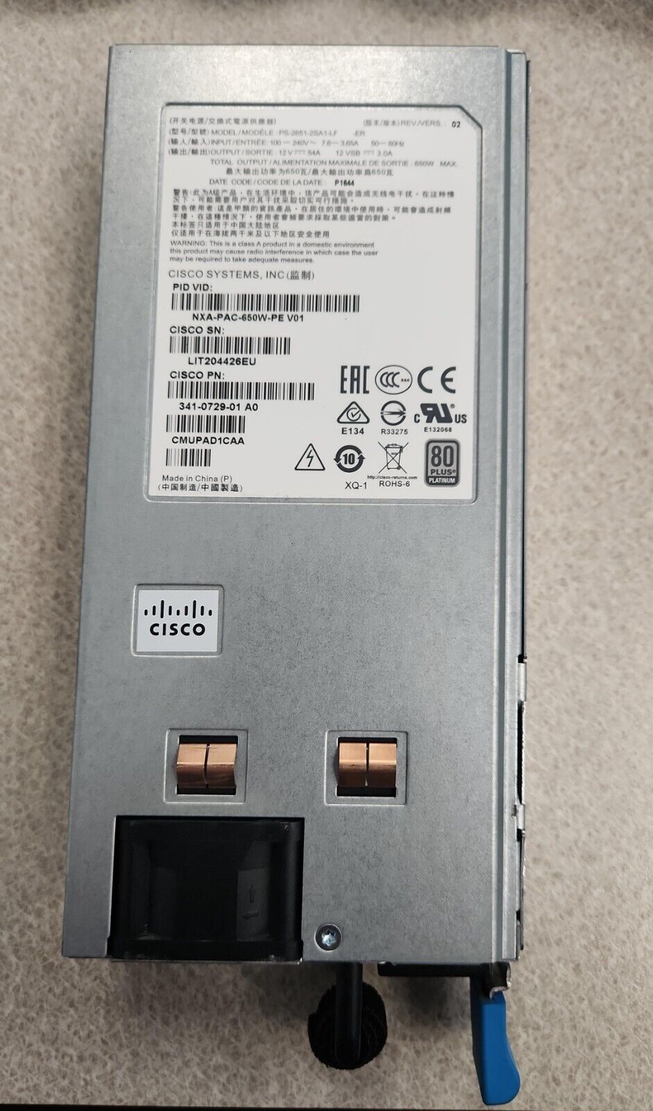 Cisco NXA-PAC-650W-PE Nexus N9K 650W Port Side Exhaust Power Supply