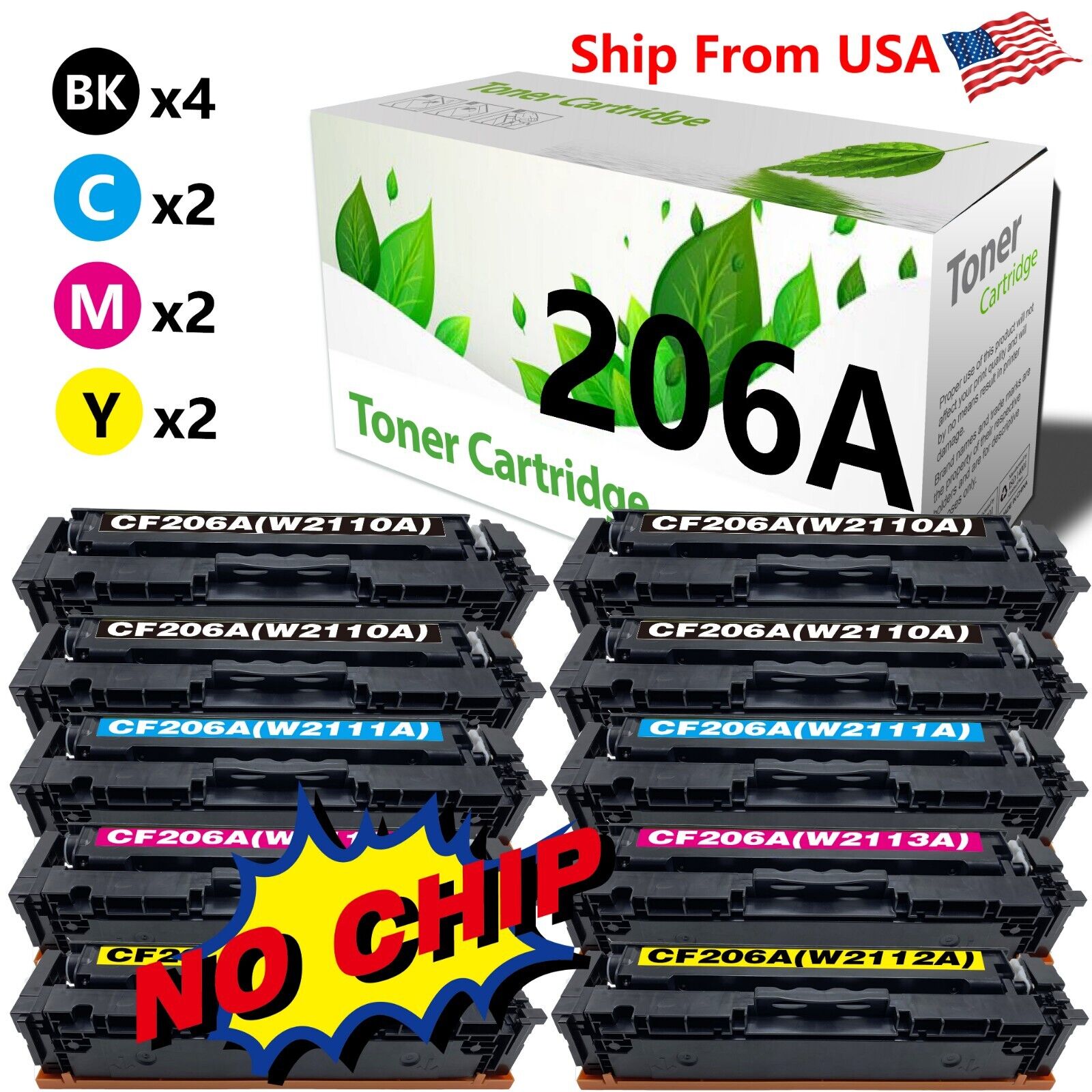 10Pack CF206A Toner Cartridges W2110A-13A no chip for M255nw M283cdw M283fdw