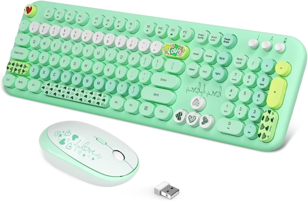 Wireless Keyboard and Mouse Set, 104 Round Keys, Retro Typewriter Style, Green