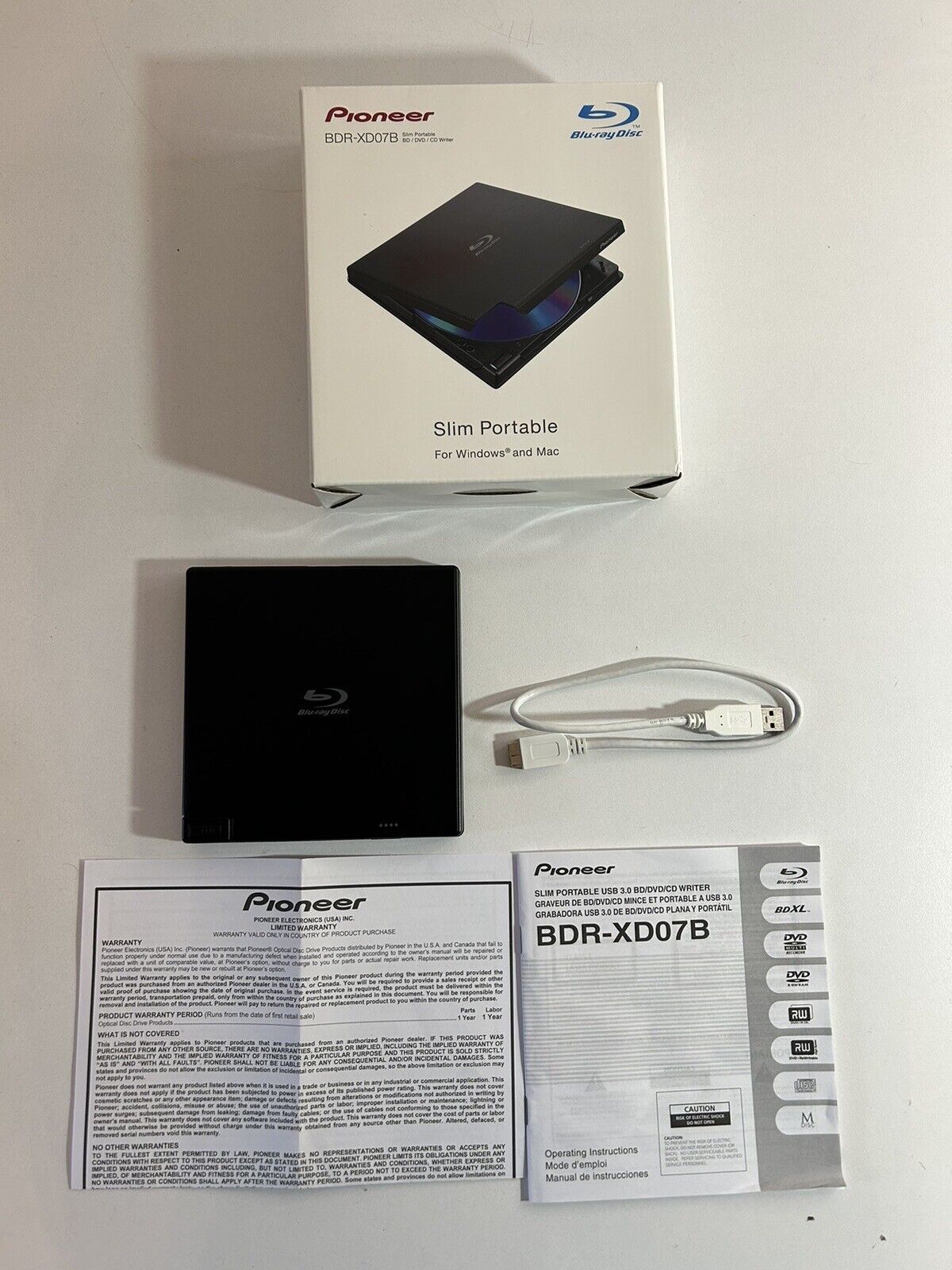 Pioneer BDR-XD07B 6x Slim Portable USB 3.0 BD/DVD/CD Burner Open Box