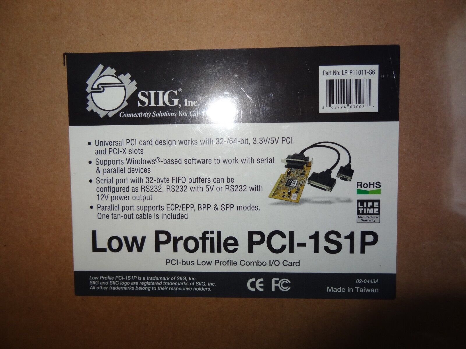 SIIG Low Profile PCI-1S1P with Cable New LP-P11011-S6 Fan-out cable 1 Serial 1 P