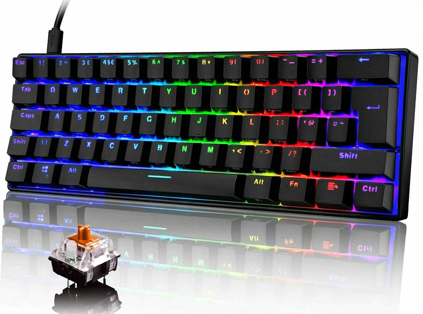 UK Layout 60% True Mechanical Gaming Keyboard Type C Wired 61Keys RGB Backlit