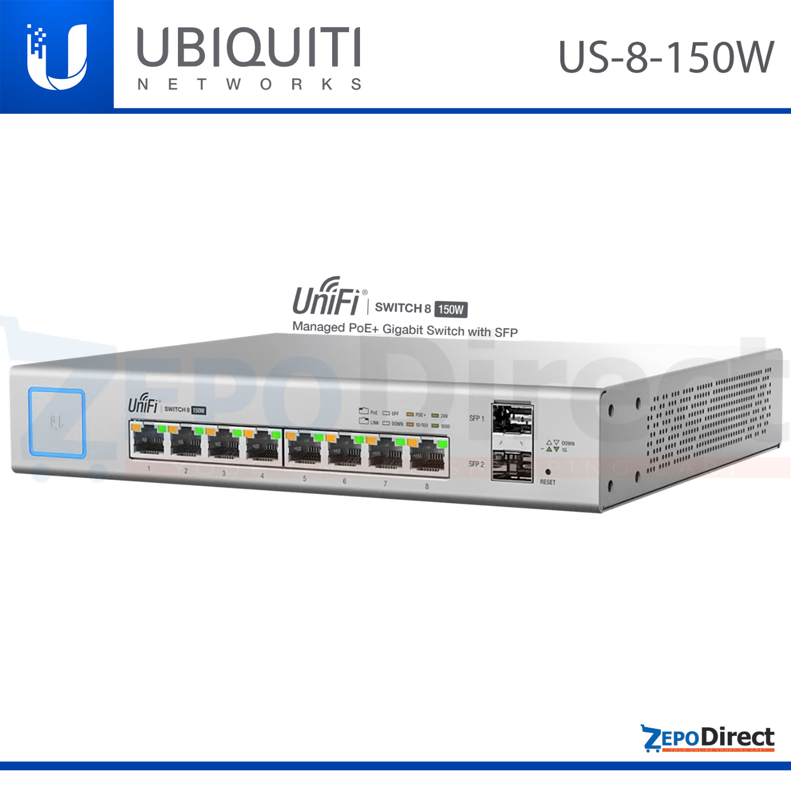 Ubiquiti Networks UniFi Managed Switch 8-Ports, PoE+, 150W, SFP, US-8-150W
