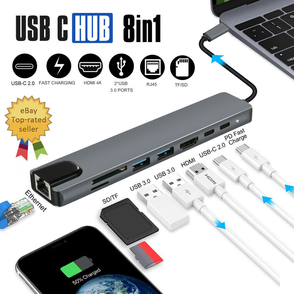 USB Typ C Hub 4K HDMI RJ45 80W Ladegerät Adapter SD Kartenleser MacBook iPad