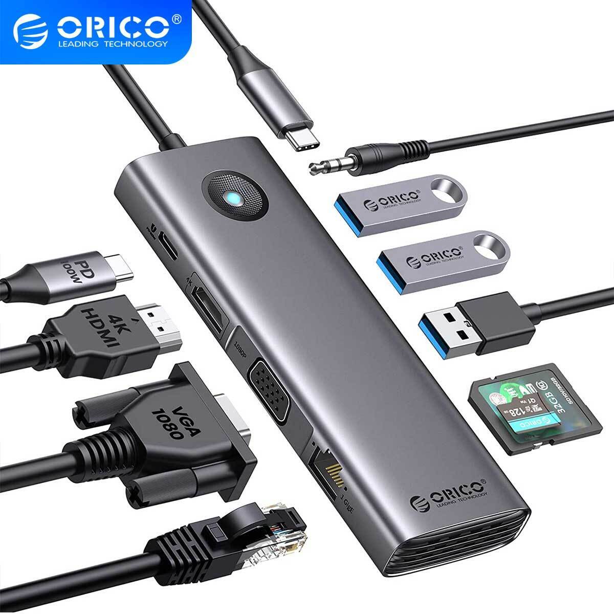 ORICO 10in1 USB C Docking Station Dual Monitor HDMI4K VGA USB 3.0 PD 100W, SD&TF