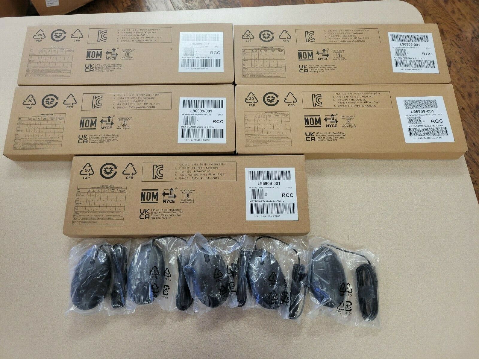 (5) LOT OF 5 NEW SEALED HP 320K USB KEYBOARD AND HP 320M USB MOUSE L96909-001