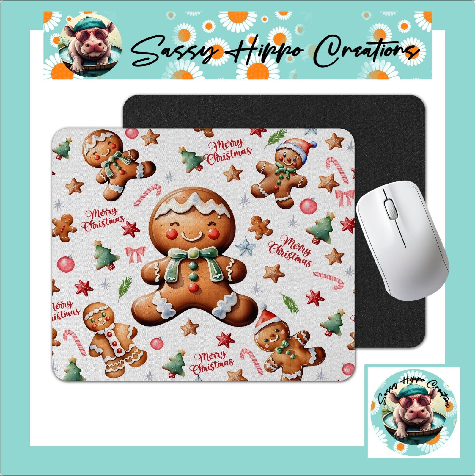 Mouse Pad Cute Gingerbread Man Merry Christmas Holiday Anti Slip Back Easy Clean