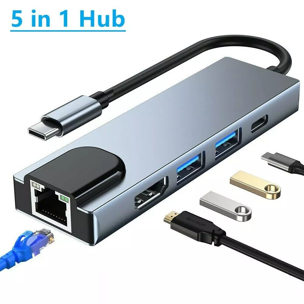 5 in 1 USB C Hub to RJ45 Ethernet Type C Hub Adapter Charger for Macbook 4K HDMI