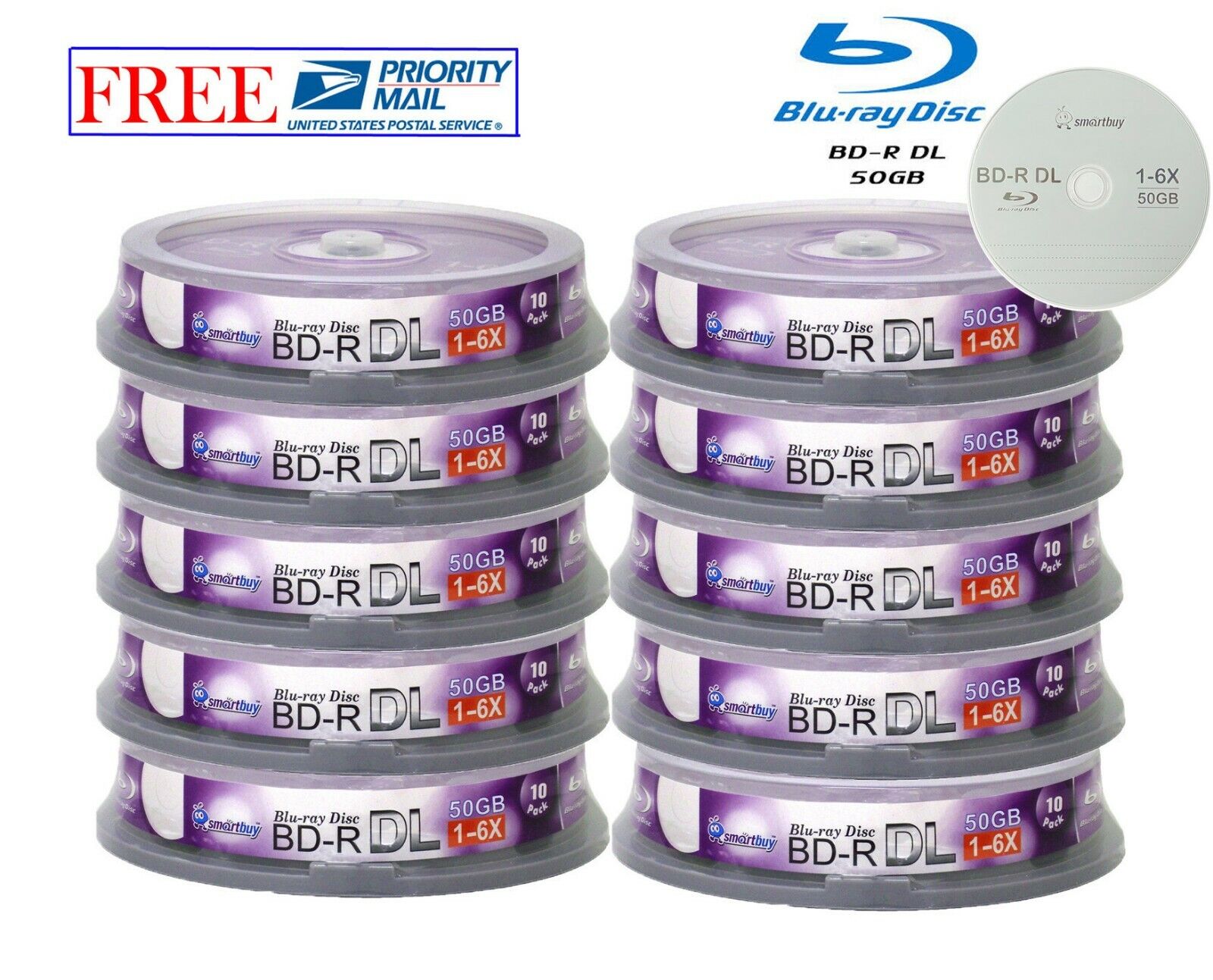 100 Pack Smartbuy Blu-ray BD-R DL Dual Layer 6X 50GB Logo Top Recordable Disc