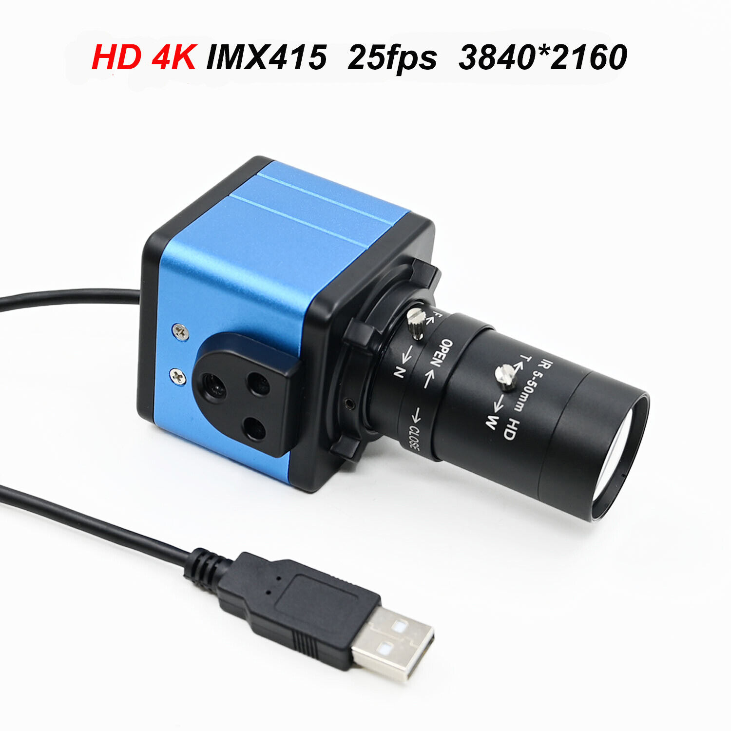 HD 4K USB Webcam IMX415, Camera With 5-50mm Varifocal CS Lens, 25fps 3840x2160