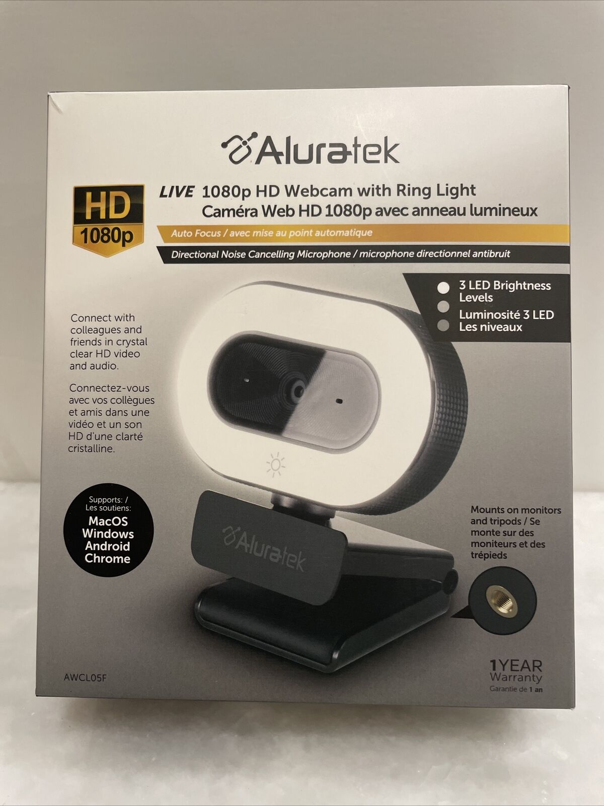Aluratek Live HD 1080P Webcam with Built-in Adjustable LED Ring Light