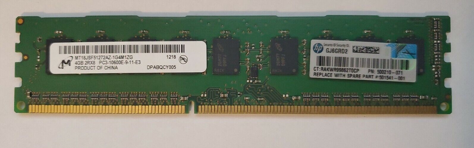 Micron 4GB 2Rx8 PC3-10600E (HP P/N 500210-071) Server Memory RAM REG ECC