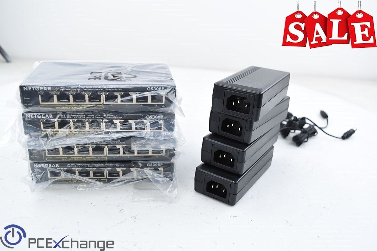 LOT of 4 Netgear GS308P 8Port Gigabit Ethernet Switch w 4Port PoE & 4 AC Adapter