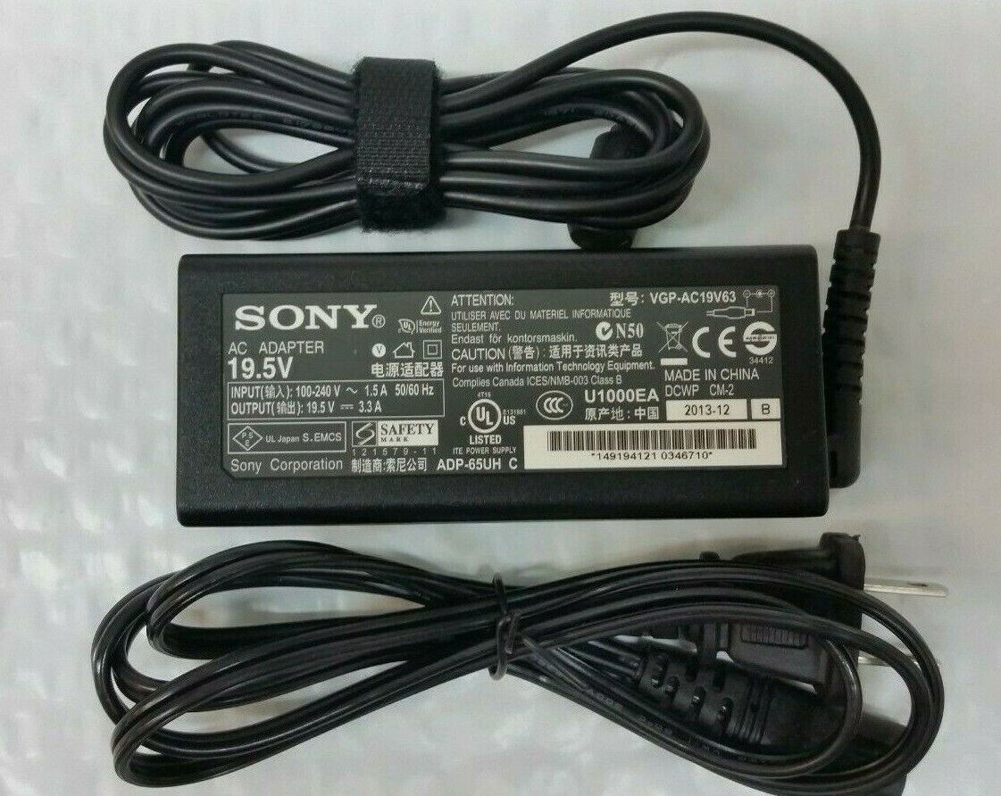 Genuine OEM SONY 65W VGP-AC19V63 19.5V 3.3A AC Adapter Power Charger with cable 