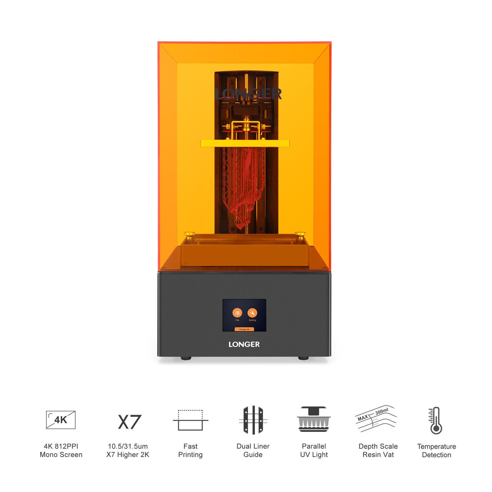 LONGER Orange 4K Mono Ultrafine LCD Resin 3D Printer Dual Liner Guide Printing