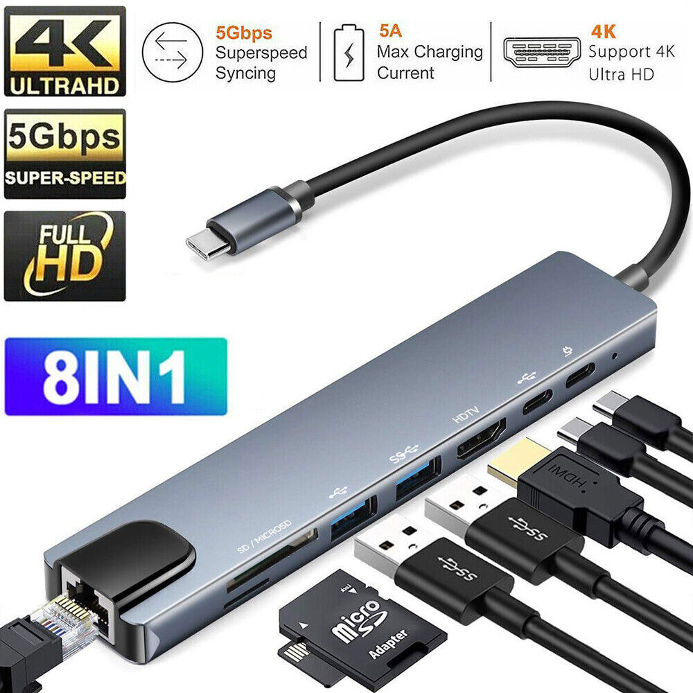 8 in 1 USB-C Hub Type C To USB 3.0 4K HDMI PD Adapter For iPhone Macbook Pro/Air