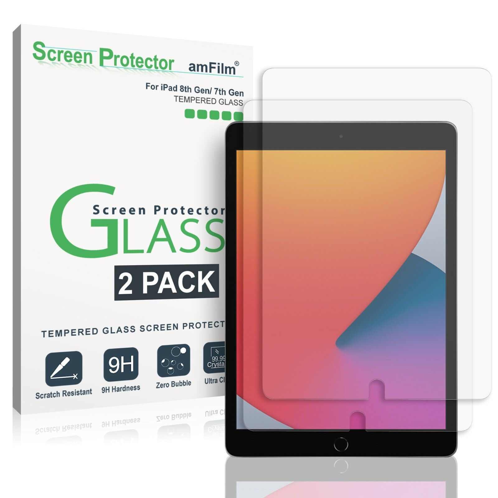amFilm (2PK) Tempered Glass Screen Protector for iPad 8, 10.2, Air 3, & Pro 10.5