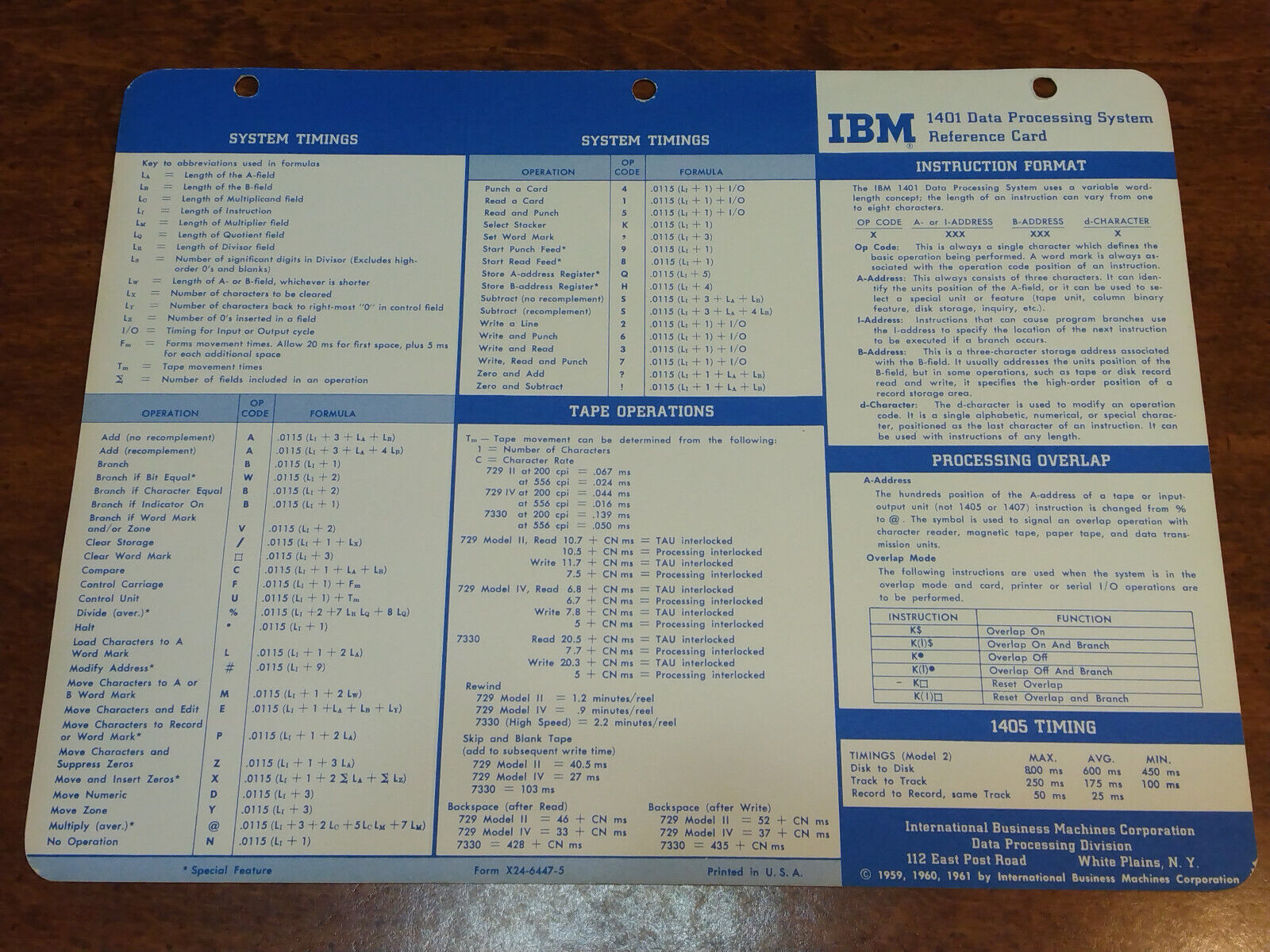 Vintage IBM 1401 Data Processing System Programming Card dated 1961