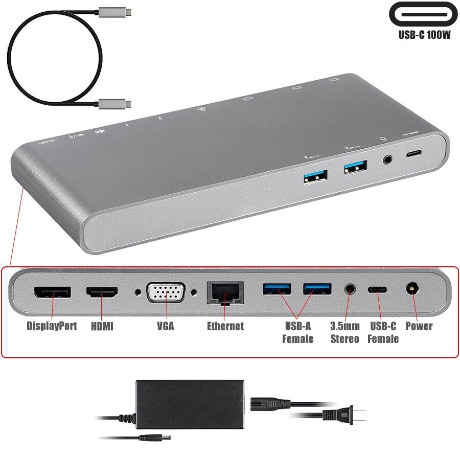 USB-C Hub Dock Adapter USB 3.0 HDMI DP Ethernet 3.5mm MST 100W PC Laptop MacBook