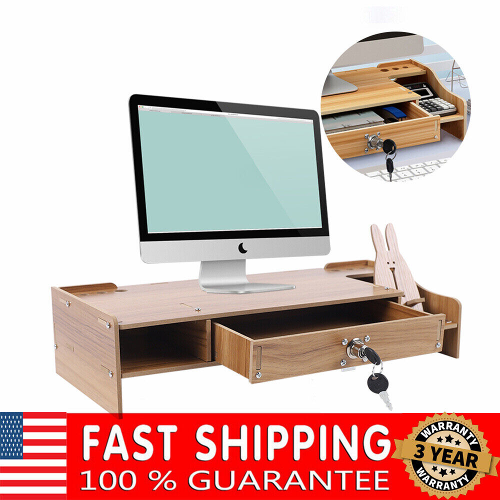 Wood Monitor Riser w/ Drawer Computer/Laptop/PC Stand for Desk Organizer