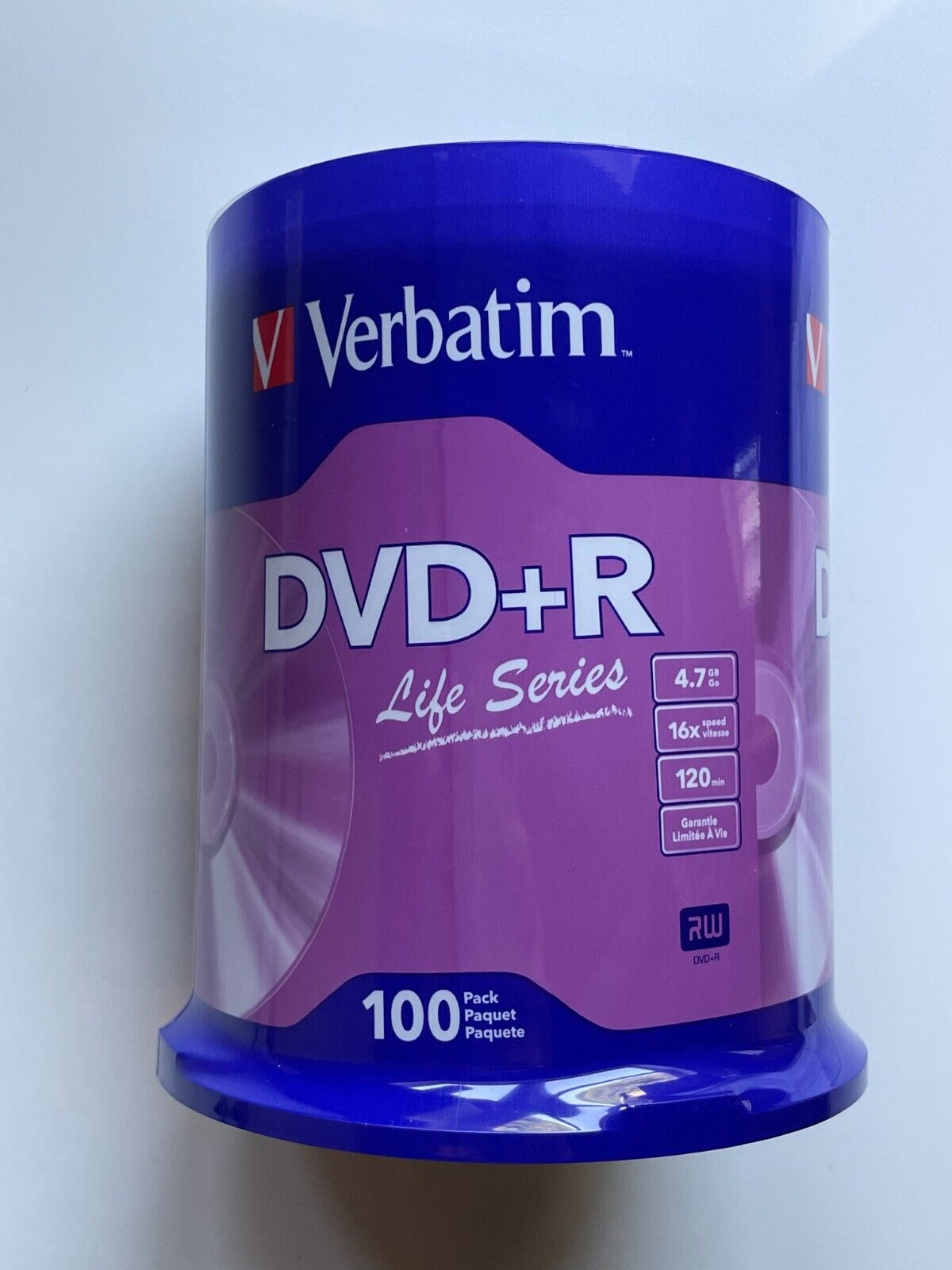 100 VERBATIM 16X DVD+R Life Series Logo 4.7GB Media Disc Spindle 97175 (SEALED)