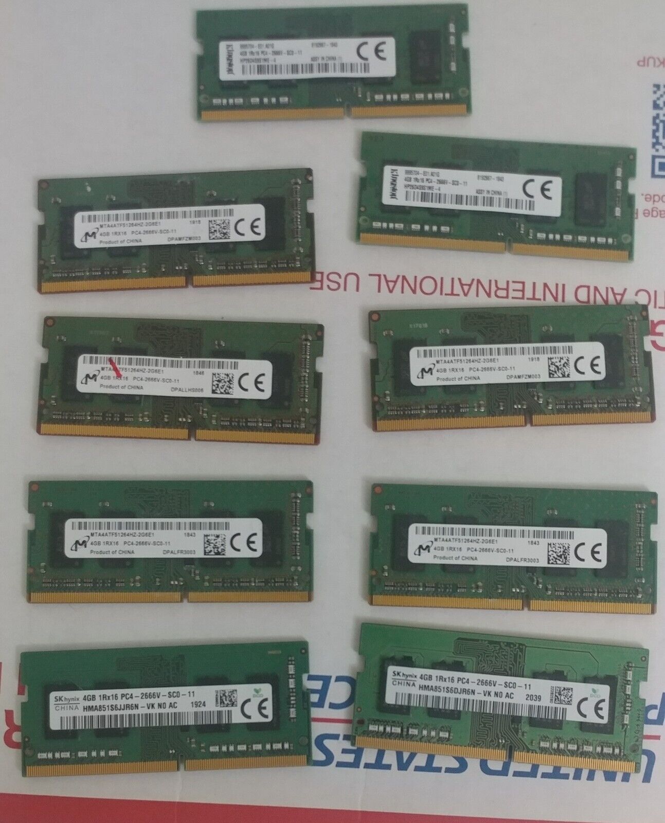 36GB TOTAL (9x4GB) pc4-2666V 1RX16 MICRON KINGSTON  HYNIX LAPTOP RAM