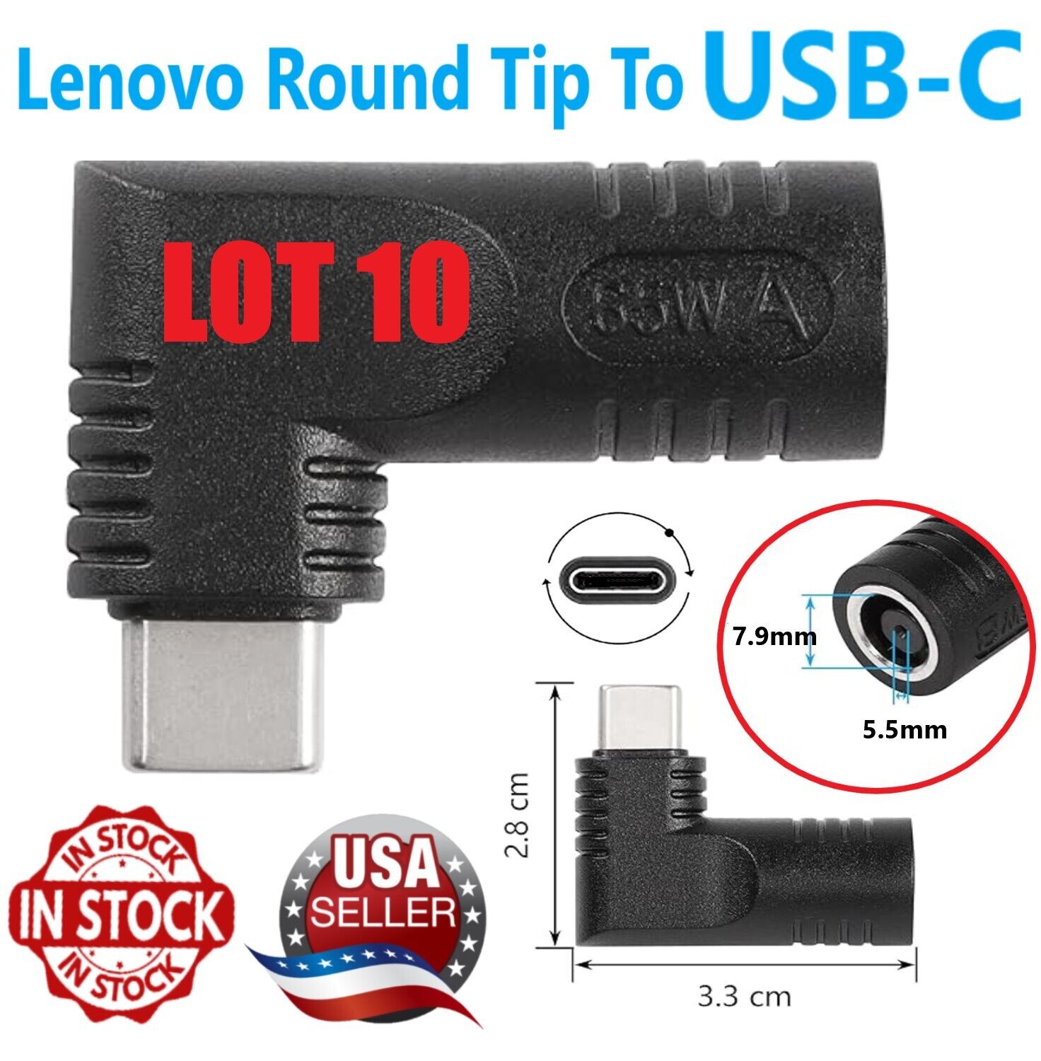 LOT 10 Lenovo 7.9 mm Round Tip to DC USB C Type C Adapter Converter For Laptops