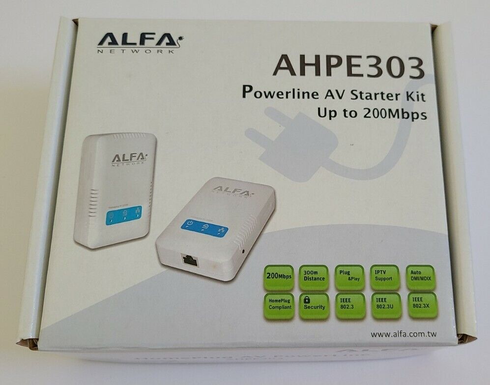 Alfa Network AHPE303 Powerline AV Starter Kit up to 200 Mbps 2-Pack. NEW in Box
